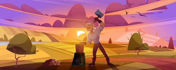 Man villager with axe chop firewood on rural dusk landscape background with field and pink sky. Lumberjack cutting wood logs for home warm, village or countryside life, Cartoon vector illustration