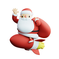 Santa Claus Riding Rocket and Waving Hand in Night. Christmas Gift Delivery Service 3D rendering illustration.