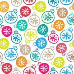 Beautiful bright colorful multicolored round Christmas balls isolated on white background. Cute festive seamless pattern. Vector simple flat graphic hand drawn illustration. Texture.