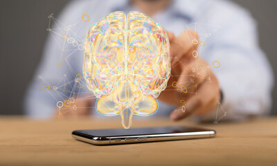 Creative background, the human brain on a blue background, the hemisphere