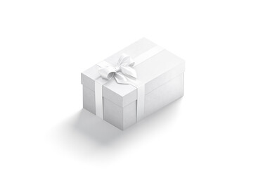Fototapeta premium Blank white gift box with ribbon bow mockup, side view