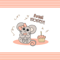 Hand drawn cute animals with lettering. A mouse with a pink bow and a heart. Cupcake with candle. Sweet moment. White background. Vector.