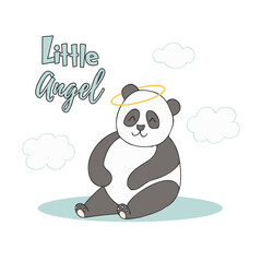 Hand drawn cute animals with lettering. Panda. Little angel. White background. Vector.