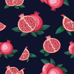 A vivid pomegranate repeat pattern on a dark blue background, a seamless pattern of the red exotic fruits
