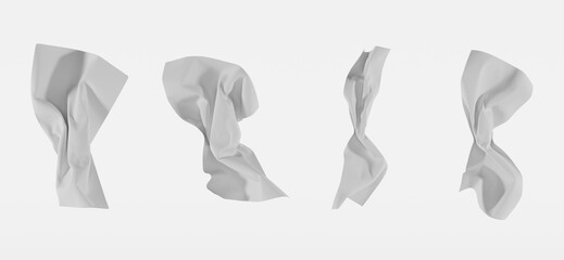 White crumpled paper napkins or folded flying fabric. Realistic set used disposable facial tissues or cloth handkerchiefs isolated on white background. Realistic illustration, 3d render