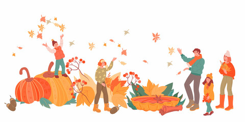 People  playing with leaves and greeting autumn at backdrop of huge seasonal food and pumpkins, flat vector illustration isolated on white background.  Fall autumn season background design.
