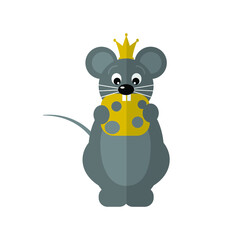 A mouse king of cheese flat illustration, a funny icon of a hungry mouse eating cheese, a mouse wearing a crown illustration