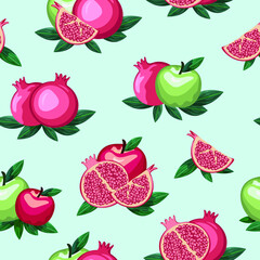 A vivid pomegranate and apple repeat pattern on blue background, ripe fruits seamless pattern