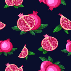 A vivid pomegranate repeat pattern on a dark blue background, a seamless pattern of the red exotic fruits
