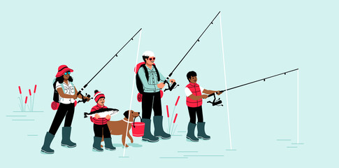 Family fishing trip. Happy queer family bonding time. Fishing trip in pond ocean lake and river. Mom non binary parent and children with fishing rod.
