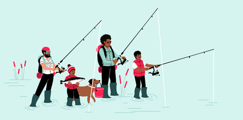 Family fishing trip. Happy queer family bonding time. Fishing trip in pond ocean and river. 2 gay dads children and dog with fishing rod.