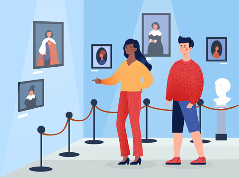 Mixed racial art gallery visitors standing and looking at painting artwork pieces at museum. Girl shows the masterpiece she likes. Flat illustration cartoon vector concept design