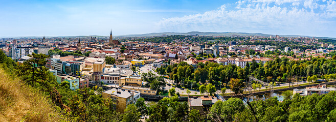 Aerial panoramic view of Cluj Napoca city in Transylvania, Romania. Cluj panorama cityscape