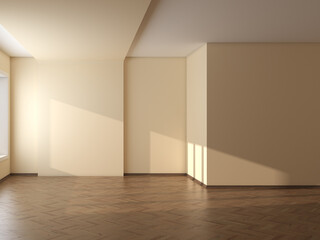 Obraz premium Empty Room with Beige Walls, Parquet Floor and a Brown Plinth. 3D Illustration, 7680x5760, 300 dpi