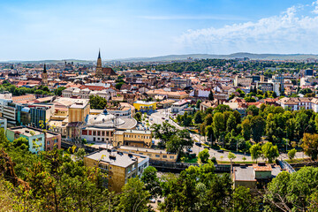 Fototapeta na wymiar Aerial panoramic view of Cluj Napoca city in Transylvania, Romania. Cluj panorama cityscape