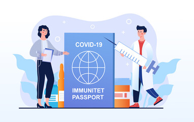 COVID-19 immunity passport, vaccination certificate. International passport. Male doctor carry syringe to vaccinate female tourist. Flat cartoon vector concept design isolated on white background
