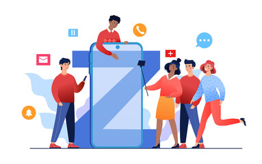 Technology influence on teenagers, progressive youth gen z use progressive digital technology in communication. Flat illustration cartoon vector concept web banner design isolated on white background