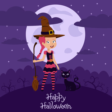 Banner for Halloween is girl in witch costume with cat on the background of the forest, moon and sky. Children's color vector illustration cartoon style for poster, invitation card with text