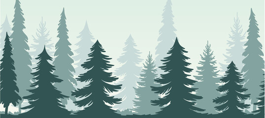 Fir Tree Silhouette with Tall Trunk and Branches as Misty Forest Horizontal Backdrop Vector Illustration