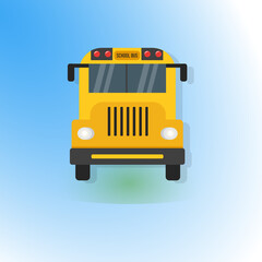 Fototapeta na wymiar School bus front view on light blue background. Back to school creative banner or poster design.