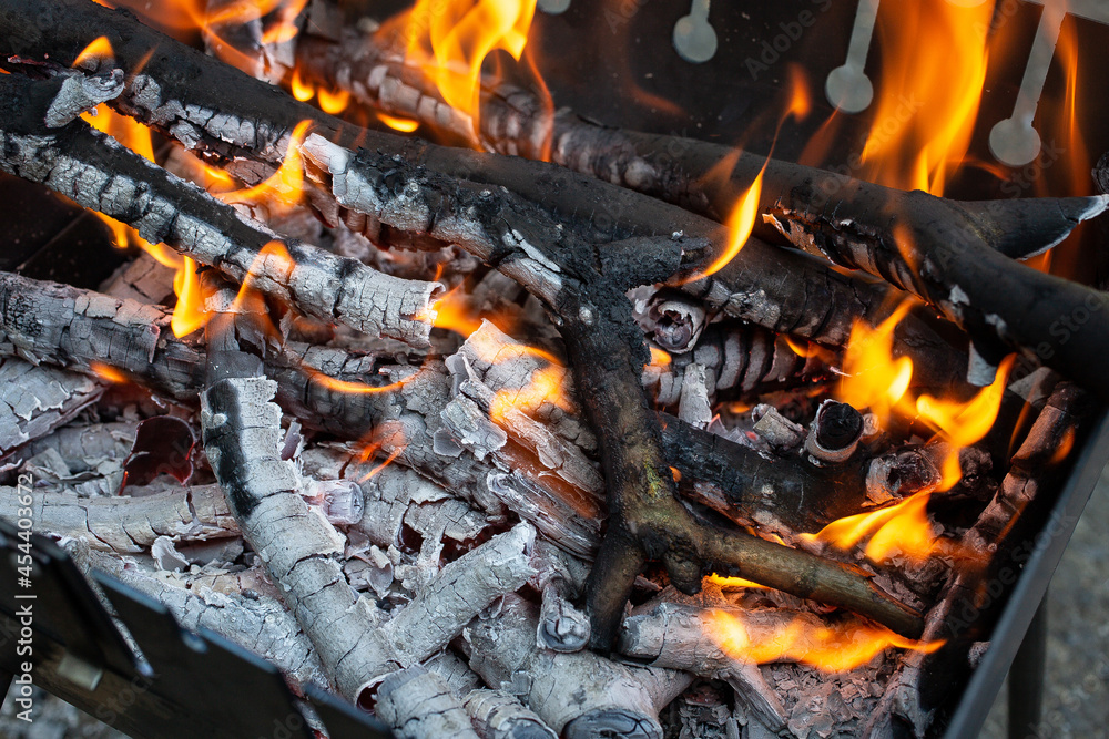 Poster closeup of flames and burning firewood turning to ashes