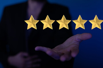 Customer hand touching to yellow illustration 5 stars virtual screening monitor for satisfaction...