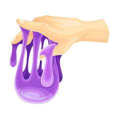 Human Hand Holding Purple Slime as Viscous Colorful Toy Vector Illustration