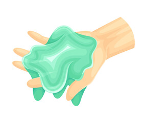 Human Hand with Turquois Slime as Viscous Colorful Toy Vector Illustration