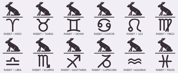 Vector Year of the rabbit hare Animal icons eastern annual horoscope and zodiac signs in one symbol 2023 2035 2047 2059 years