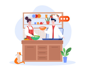 Laptop on kitchen table with online cooking class. Distance learning technology. Culinary video tutorial. Flat illustration cartoon vector concept web banner design isolated on white background