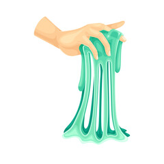 Human Hand with Turquois Slime as Viscous Colorful Toy Vector Illustration