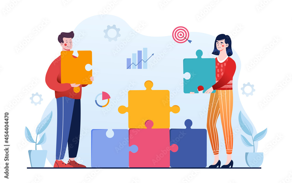 Aufkleber people connecting puzzle elements. roadmap to success in kpi performance. big data analysis of compa