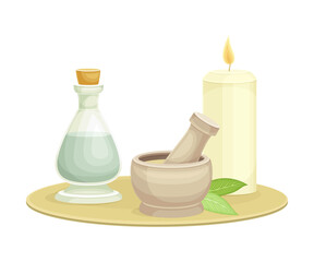 Spa and Aromatherapy with Burning Candle, Essential Oil in Corked Jar and Pestle with Mortar Vector Composition