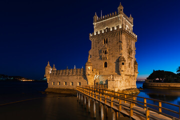 Fototapeta na wymiar View of the iconic Belem Tower (Torre de Belem) in the bank of the Tagus River, in the city of Lisbon, Portugal.