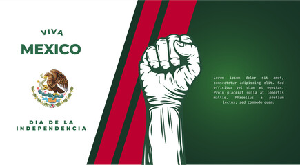 Banner illustration of Mexico independence day celebration. Translation: September 16, Long live Mexico, Independence Day! Waving flag and hands clenched. Vector illustration.