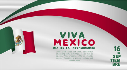 Banner illustration of Mexico independence day celebration. Translation: September 16, Long live Mexico, Independence Day! Waving flag and hands clenched. Vector illustration.