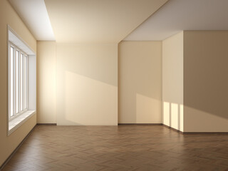 Empty Room with Beige Walls, Large Window, Parquet Floor and a Brown Plinth with Work Path on Window. 3D Illustration, 7680x5760, 300 dpi