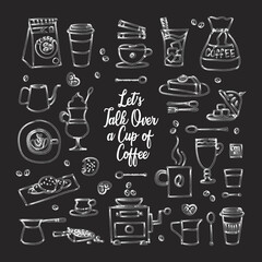 set of coffee  with black background