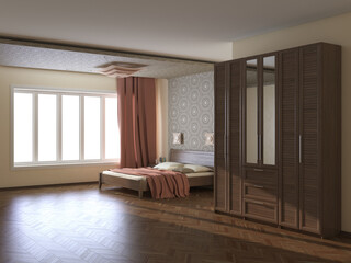 Modern Bedroom Interior with Beige Walls, Terra Cotta Curtains, Large Window, Bed with Pillows, Wardrobe with Mirror, Parquet Flooring and a Brown Plinth with Work Path on Window. 3D Illustration