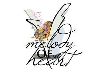 Melody of my heart slogan design with heart decorated with colorful mosaic. Female style. Handwritten lettering quote, slogan or saying. Hand drawn vector illustration. 