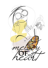 Woman silhouette in hat with flowers, mosaic print, in lines. Female style.Handwritten lettering quote, slogan or saying. Hand drawn vector illustration. 