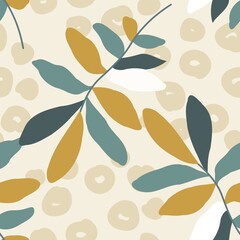 Vector abstract seamless pattern  with autumn color branch leaves on the cream background. Cover design for fabrics, wallpaper, packaging, wrapping paper and other prints.