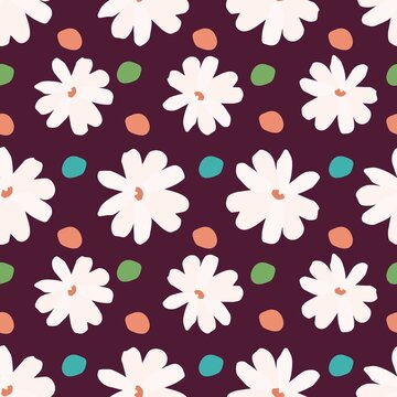 Vector abstract seamless pattern with white daisies and colorful leaves on the dark cherry color background.  Floral repeating background of isolated flowers in minimalist style. 