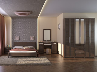 Modern Bedroom Interior with Beige Walls, Terra Cotta Curtains, Сarpet, Bed with Pillows, Ladies' Table, Wardrobe with Mirror, Parquet Flooring and a Brown Plinth. 3D Illustration, 7680x5760, 300 dpi