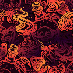 Vector illustration, Halloween, mystic, witchcraft, bottles of potion, dried leaves. handmade, prints, background dark, seamless pattern