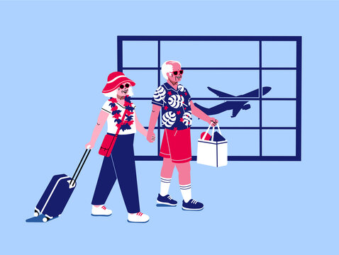 snowbirds traveling to sunny destination. Retired couple in airport terminal. Elderly grandparents going on vacation with luggage suitcase and carry on. summer getaway during winter holidays