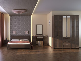 Modern Bedroom Interior with Beige Walls, Terra Cotta Curtains, Ladies' Table, Bed with Pillows, Wardrobe with Mirror, Parquet Flooring and a Brown Plinth. 3D Rendering, 7680x5760, 300 dpi