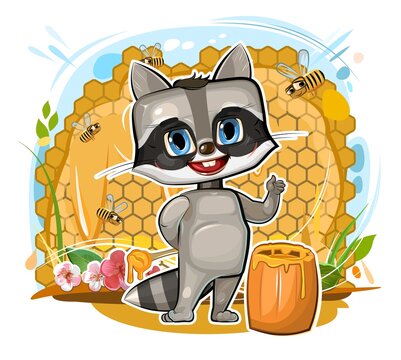 Honey. Little Raccoon in cartoon style on the background of honeycombs, flowers, bees and barrels. Young cheerful animal beekeeper. Funny childish illustration for print. Isolated object on white. Vec