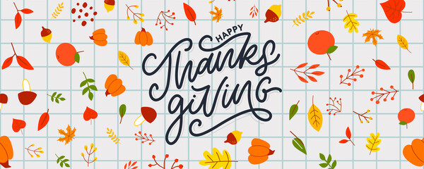 Fototapeta na wymiar Hand drawn Happy Thanksgiving lettering typography poster. Celebration quotation for card, postcard, event icon logo or badge. Vector vintage autumn calligraphy. Grey Lettering with red maple leaves