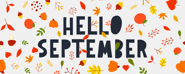 Hand drawn typography lettering phrase Hello, September isolated on the white background with golden wreath. Fun brush ink calligraphy inscription for greeting and invitation card or print design © 1emonkey